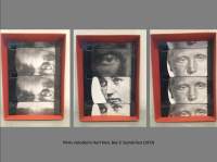 Grey background with three prints. Each print is made out of three photographs of a person's face in close-up. On the prints on the left and right, the same image recurs. On the print in the middle, the top image is different to the ones below. There is some text in black under the images.