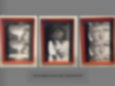 Grey background with three prints. Each print is made out of three photographs of a person's face in close-up. On the prints on the left and right, the same image recurs. On the print in the middle, the top image is different to the ones below. There is some text in black under the images.