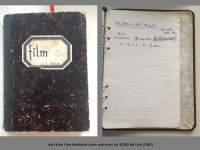 Grey background with two images. On the left, a notebook cover. There is a white box in the middle, where 