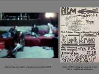 Grey background with two images. On the left, there is a blurry photograph of four people sitting on or near a red couch. On the left, there is a handmade poster. Handwritten in black, the following information appears in bigger letters: 