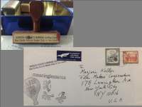 Grey background with two images. One shows a stamp in front of a blue box and the other an envelope addressed to 