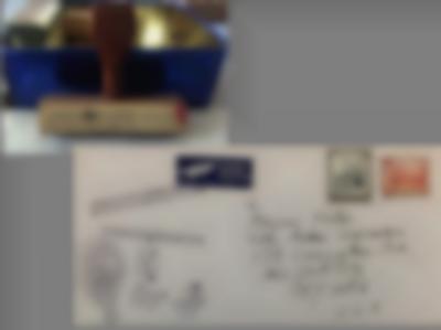 Grey background with two images. One shows a stamp in front of a blue box and the other an envelope addressed to 