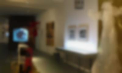 Exhibition space with several installations. At the back, there is an image being projected on a wall, and a large doll dressed as a jester. There are photographs on the side wall and a table emitting some light. A plastic shape, resembling a dress, hangs next to it. At the centre of the space, another table has a propped up brochure.