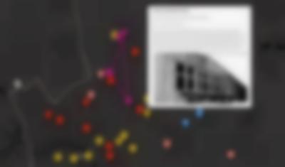 Dark 2D map with some spots marked with red, yellow, pink and blue pins. There is a pink line connecting three of the pink pins. A large white block with some black text and a black-and-white photograph is connected to one of the blue pins.