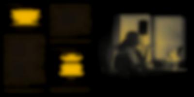 Yellow text on top of a black background. The text appears on the left side in two columns, with two sections of text appearing redacted in yellow. A photograph, also in black and yellow, occupies the right side. It depicts a person sitting at a desk. They are are holding the back of the chair with their right hand and gesticulating with their left hand, keeping their left elbow on the table.