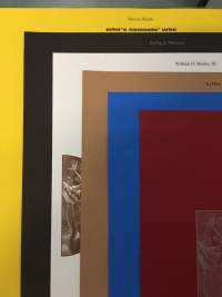 Several print materials have been stacked on top of each other, with the edges visible. Each sheet has a different colour; from bottom to top: yellow, black, white, light brown, blue and burgundy.