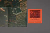 Grey background. On the right side there is a orange square with a photograph and some text in black. On the right, only partially visible, is a photograph. A book and three polaroids are partially visible in the photograph.