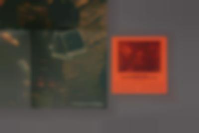 Grey background. On the right side there is a orange square with a photograph and some text in black. On the right, only partially visible, is a photograph. A book and three polaroids are partially visible in the photograph.