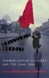 A person runs through an empty street. The trees are bare and the sky is grey. They are holding a large red flag. The title of the book, 