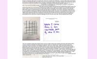 White page with two images. The left image shows a black grid with some green scribbles. The right image is of a white paper with a purple handwritten sentence, which reads: 