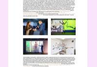 White page with four photographs. One of the photographs shows a person with a microphone touching someone else's wrist, in front of a crowd. The other three show two video installations and a wall with several small photographs and a large handwritten word on top. There are paragraphs of text both above and under the images. On each side of the page, there is a vertical pink banner.