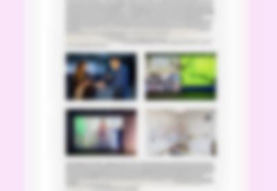 White page with four photographs. One of the photographs shows a person with a microphone touching someone else's wrist, in front of a crowd. The other three show two video installations and a wall with several small photographs and a large handwritten word on top. There are paragraphs of text both above and under the images. On each side of the page, there is a vertical pink banner.