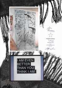 A black garment with fringes is partially visible, with three other images digitally juxtaposed. One of them is a photograph of a black-and-white hand-drawn poster with a horse. Above the horse, the largest text reads 