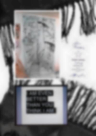 A black garment with fringes is partially visible, with three other images digitally juxtaposed. One of them is a photograph of a black-and-white hand-drawn poster with a horse. Above the horse, the largest text reads 