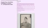 Pink page with a block of text and a black-and-white photograph. The photograph shows a naked person sitting against a wall with their legs open. They are resting their head on their right hand. On the top left corner of the page, black text reads: 