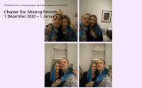 Pink page with four photographs. These photographs show the same two people posing for the camera, in selfie pose. They have a scarf wrapped around them. The photograph was taken in an indoor space. A ladder is partially visible on the two photographs at the bottom. On the top left corner, large black text reads: 