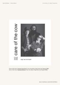 A black-and-white photograph of three people posing for the camera has text in black around it. It reads 