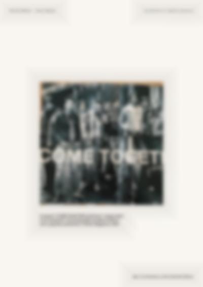 A black-and-white photograph of a group of people posing for the camera has white text on top, which reads 