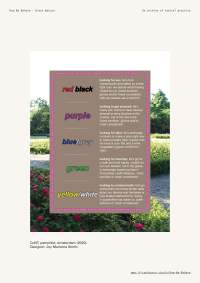 Brown poster has been digitally imposed on top of a photograph of a garden. On the poster, different paragraphs of white text (on the right) correspond to different colours, which appear written on the left: 