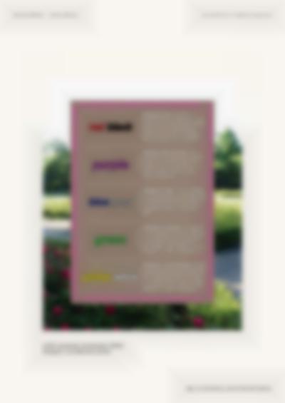 Brown poster has been digitally imposed on top of a photograph of a garden. On the poster, different paragraphs of white text (on the right) correspond to different colours, which appear written on the left: 