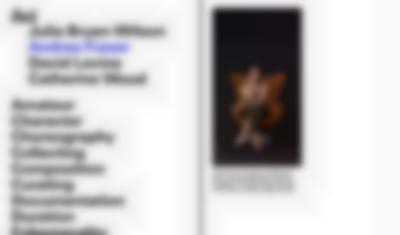 White page divided in two. There is a photograph of a person sitting on a chair on the right side. On the left, there is a list with words like 