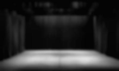 Empty stage with black curtains. There is a microphone stand in the middle, at the front.