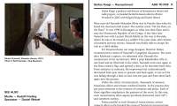 White page divided in two.; with a photograph on the left side and text in black on the right. The photograph shows a person opening a curtain to an indoor space. They are wearing headphones and hold a small monitor.