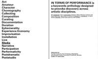White page divided in two. There is a list of words on the left side. On the right, larger black text reads 