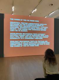 A person is sitting in front of a large screen. On the screen, a text in white is being projected.