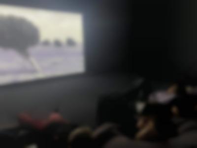 A group of people lay back on bean bags, looking at a large screen. The screen shows the image of a tree in a field. The tree leans to the left. The room is dark.