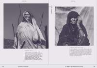 Blue tinted book spread, with two portrait photographs, one on each page, and a description for each of them. The photographs show two different feminine-presenting people in traditional North African dress.