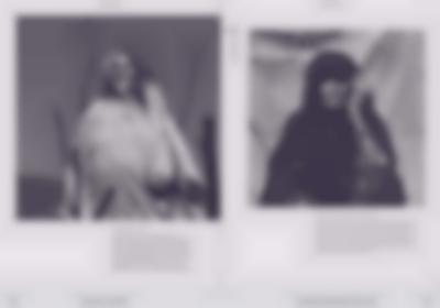Blue tinted book spread, with two portrait photographs, one on each page, and a description for each of them. The photographs show two different feminine-presenting people in traditional North African dress.