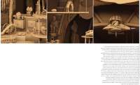 Website page, showing three photographs in beige tones, which depict several clay-toned figurines, furniture and indoor spaces. Under the photograph on the right, there is text in small black print.
