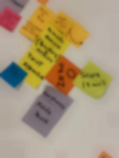 Arrangement of colourful sticky notes, stuck to a white surface. The legible ones read: 