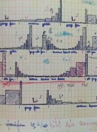 Square paper with several hand-drawn column graphs.