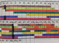 Square paper with a hand-drawn timeline chart. The lines have different colours and some of them are marked with numbers.