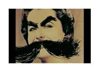 Photograph of a person, on top of which eyebrows and a moustache have been drawn in pen. These are exaggerated in size, much bigger than the face of the person.