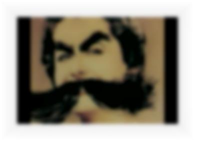 Photograph of a person, on top of which eyebrows and a moustache have been drawn in pen. These are exaggerated in size, much bigger than the face of the person.