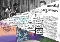 Rectangular collage with three sections, each a triangle. At the top, in black-and-white, a photograph shows the top of a person's head and the top of a film projector. The middle section is made out of sections of three different word documents. The left one shows a text highlighted in blue, the middle one a diagram which leads to the word 